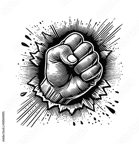 fist breaking through a surface wall engraving black and white outline