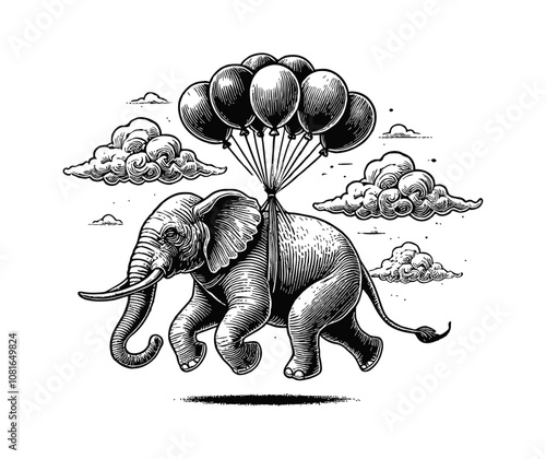 elephant being carried by several balloon engraving black and white outline