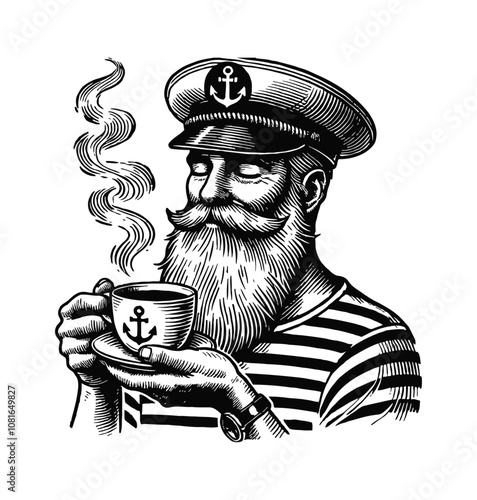 sailor holding a coffee cup engraving black and white outline