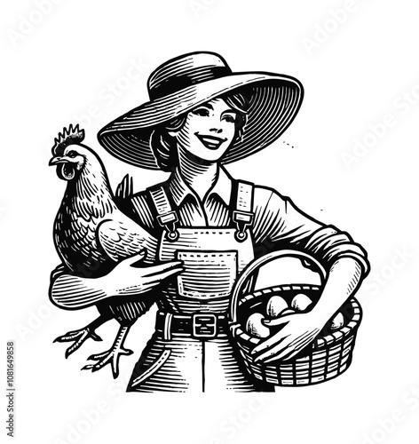 happy woman wearing a wide-brimmed hat holding a chicken in one hand and a basket engraving black and white outline