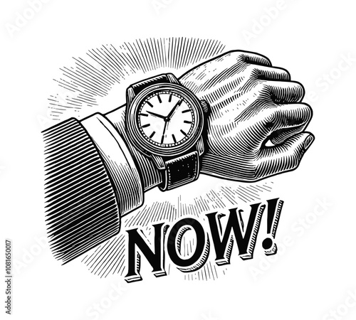 hand watch time now engraving black and white outline