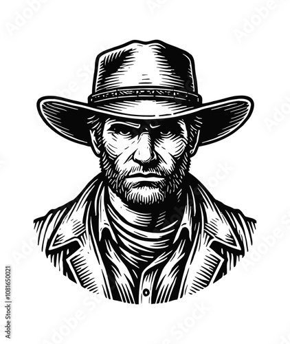cowboy portrait engraving black and white outline