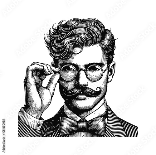 man with a mustache, wearing a bow tie, adjusting round glasses engraving black and white outline