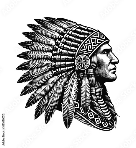Native American chief engraving black and white outline
