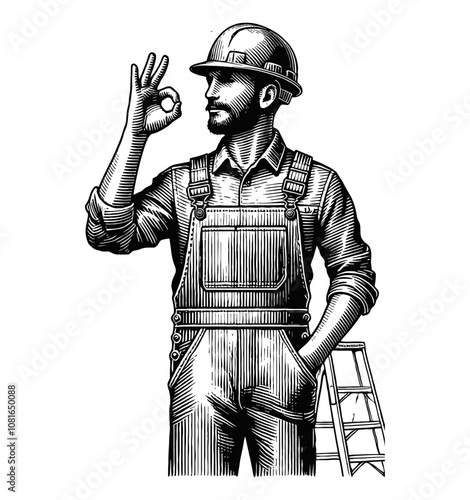 worker wearing helmet making OK gesture engraving black and white outline