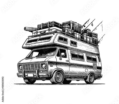 camper van loaded with luggage and travel gear on its roof engraving black and white outline