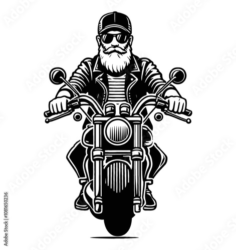 bearded old man in sunglasses and a cap with motorcycle engraving black and white outline