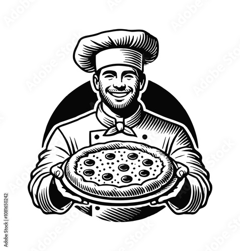 chef holding pizza engraving black and white outline