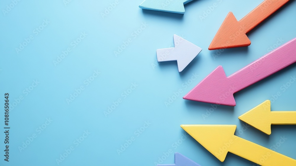 Colorful Wooden Arrows Pointing in Different Directions on a Blue Background Colorful Wooden Arrows Pointing in Different Directions on a Blue Background