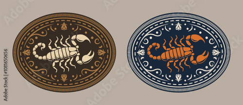 Scorpion Label belt buckle old west cowboy style tag design stylized silhouette