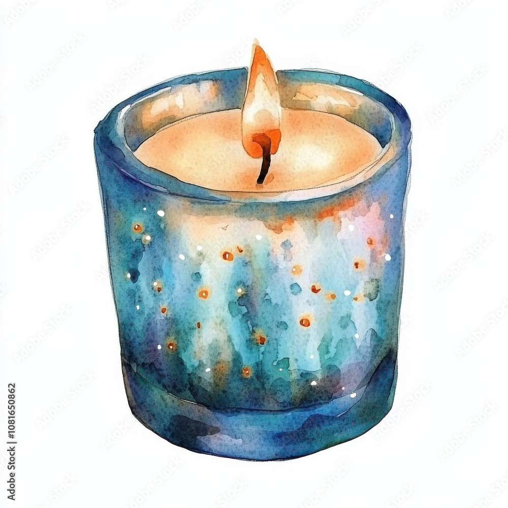 beautiful blue candle with warm flame, creating cozy atmosphere. watercolor effect adds soft, artistic touch, perfect for relaxation and ambiance beautiful blue candle with warm flame, creating cozy atmosphere. watercolor effect adds soft, artistic touch, perfect for relaxation and ambiance