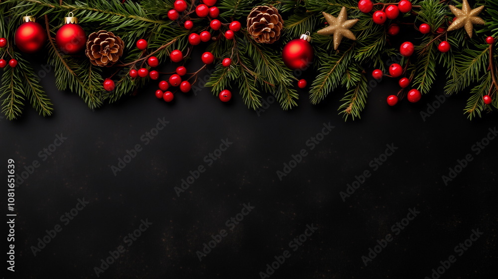Christmas background frame border with copy space decorated with pine branches and ornaments such as pine needles, pine cones, holly berries and Christmas balls on top part of dark background. Christmas background frame border with copy space decorated with pine branches and ornaments such as pine needles, pine cones, holly berries and Christmas balls on top part of dark background.
