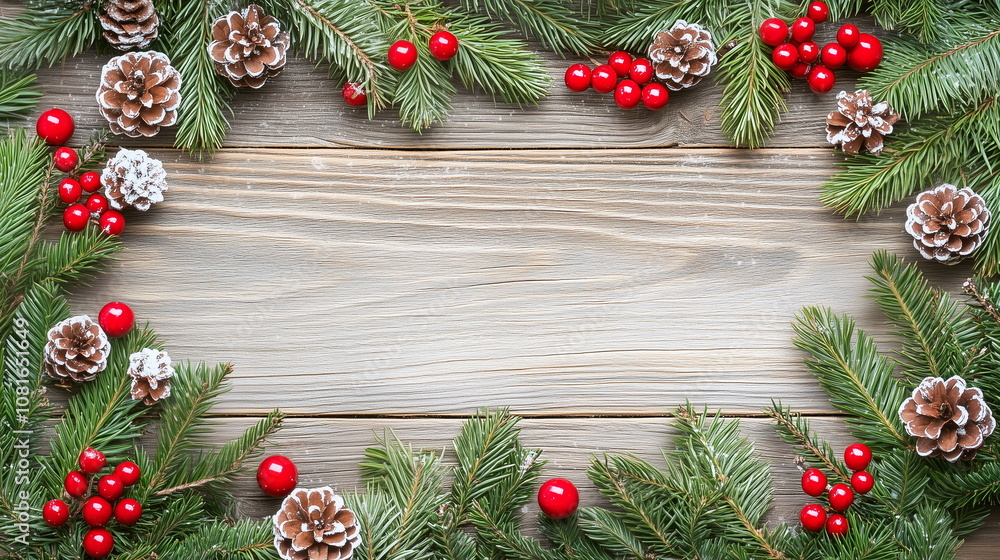 Christmas or New Year background frame border with copy space decorated with pine needles, pine cones and holly berries on wooden table. Top view.