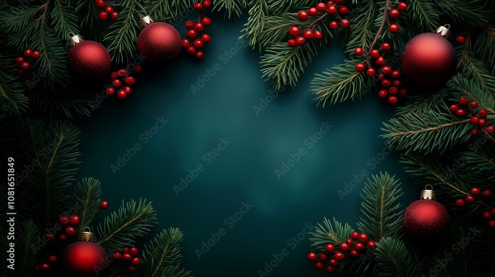 Christmas or New Year background frame border with copy space decorated with pine needles, holly berries and red Christmas balls on dark blue-green background. Top view. Christmas or New Year background frame border with copy space decorated with pine needles, holly berries and red Christmas balls on dark blue-green background. Top view.