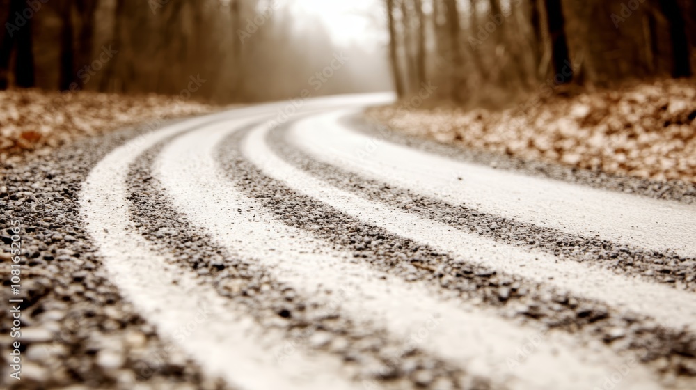 A snowy road in the middle of a wooded area A snowy road in the middle of a wooded area