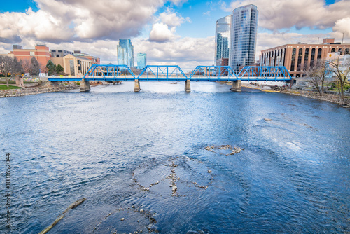 Downtown Grand Rapids, Michigan Gillett Bridge as seen from the Pearl Street Bridge on a partly cloudy fall day