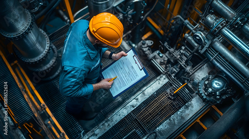Industrial Worker Inspecting Machine with Clipboard - Realistic Image