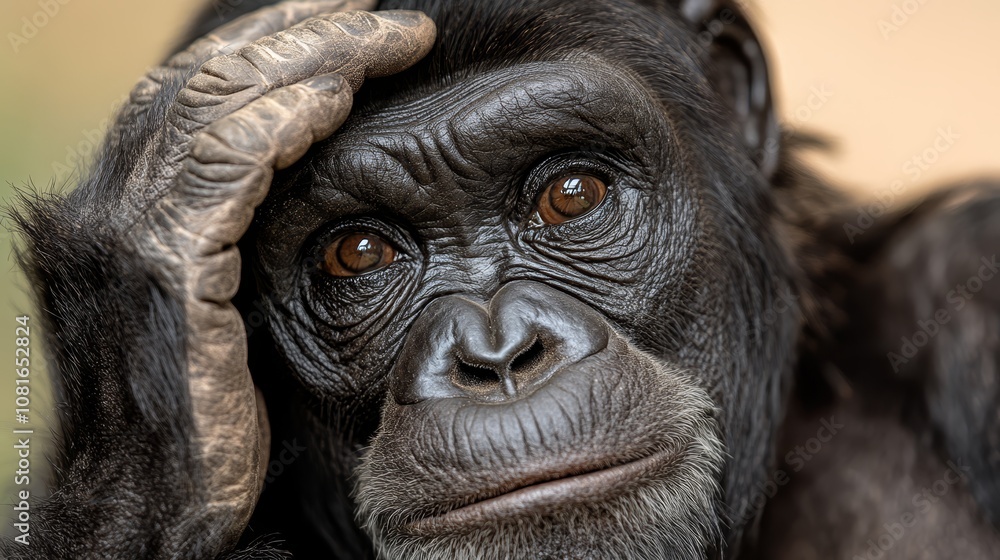 A close up of a chimpanzee with his hand on his head A close up of a chimpanzee with his hand on his head