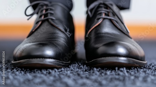 A close up of a pair of black shoes on a carpet