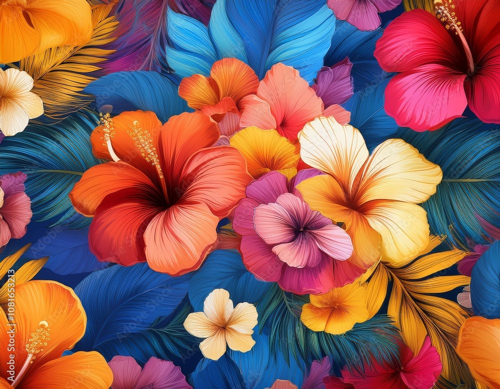 Tropical Hawaiian pattern with vibrant hibiscus flowers in an abstract design, perfect for summer decor, textiles, and beach-inspired apparel. Tropical Hawaiian pattern with vibrant hibiscus flowers in an abstract design, perfect for summer decor, textiles, and beach-inspired apparel.