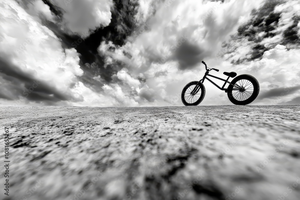 Fototapeta premium A black and white photo of a bike in the middle of a field