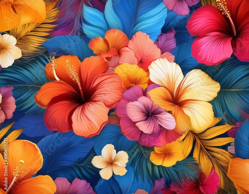 Wallpaper Mural Tropical Hawaiian pattern with vibrant hibiscus flowers in an abstract design, perfect for summer decor, textiles, and beach-inspired apparel. Torontodigital.ca