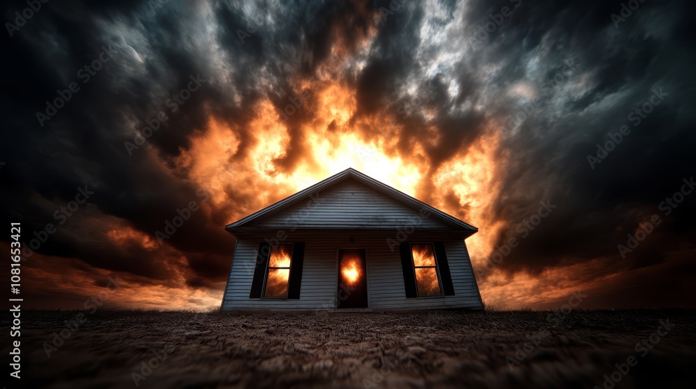 A house in the middle of a field under a stormy sky A house in the middle of a field under a stormy sky