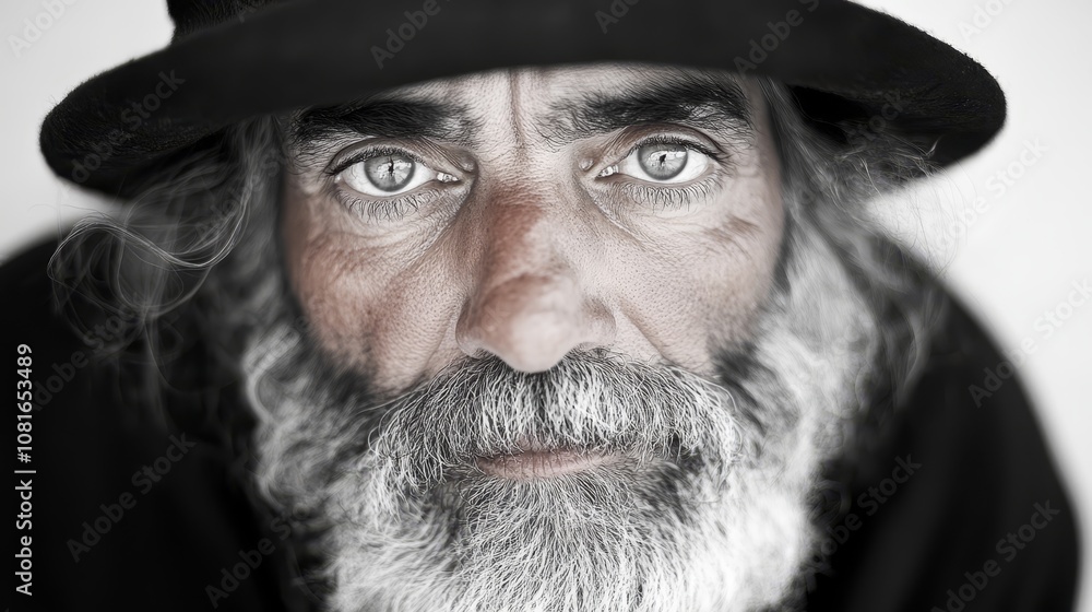 A man with a long white beard and a black hat A man with a long white beard and a black hat