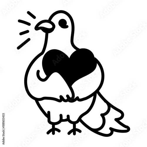 A cute pigeon hugging a heart, doodle style icon 

