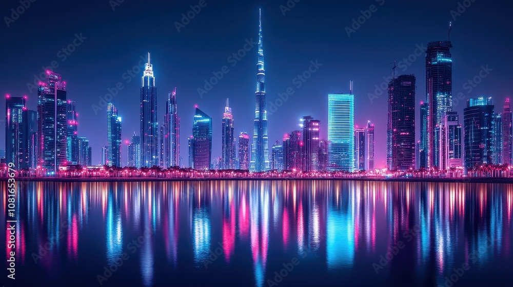 A Majestic Futuristic Urban Landscape at Night with Glowing Skyscrapers and Reflections on Water, Showcasing Vibrant Neon Lights and a Modern Metropolis A Majestic Futuristic Urban Landscape at Night with Glowing Skyscrapers and Reflections on Water, Showcasing Vibrant Neon Lights and a Modern Metropolis