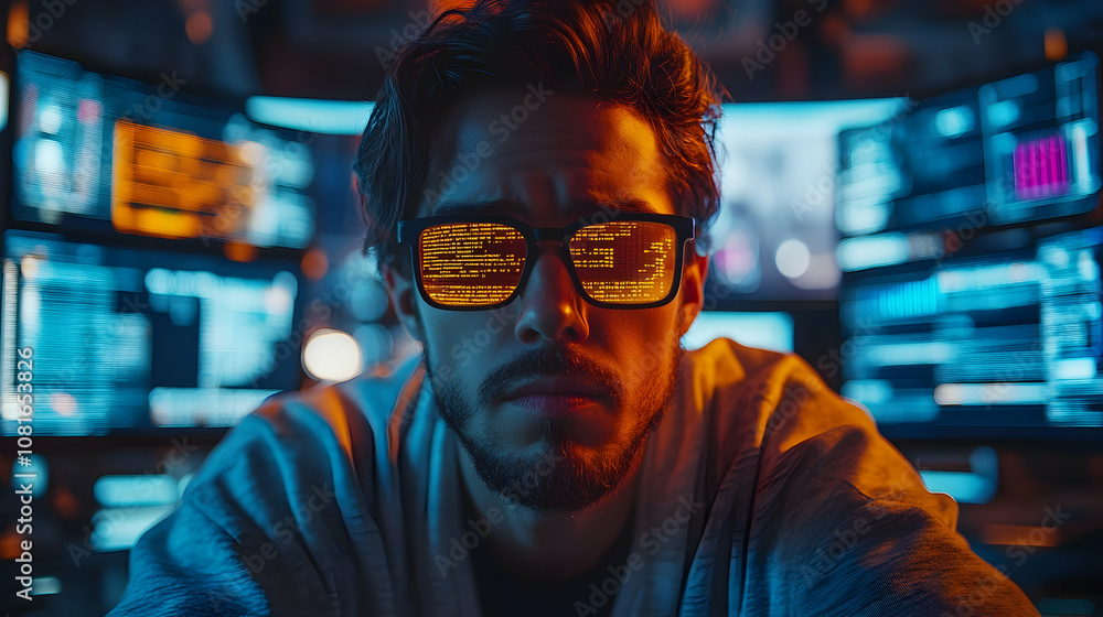 Man Wearing Glasses with Code Reflections - Realistic Image