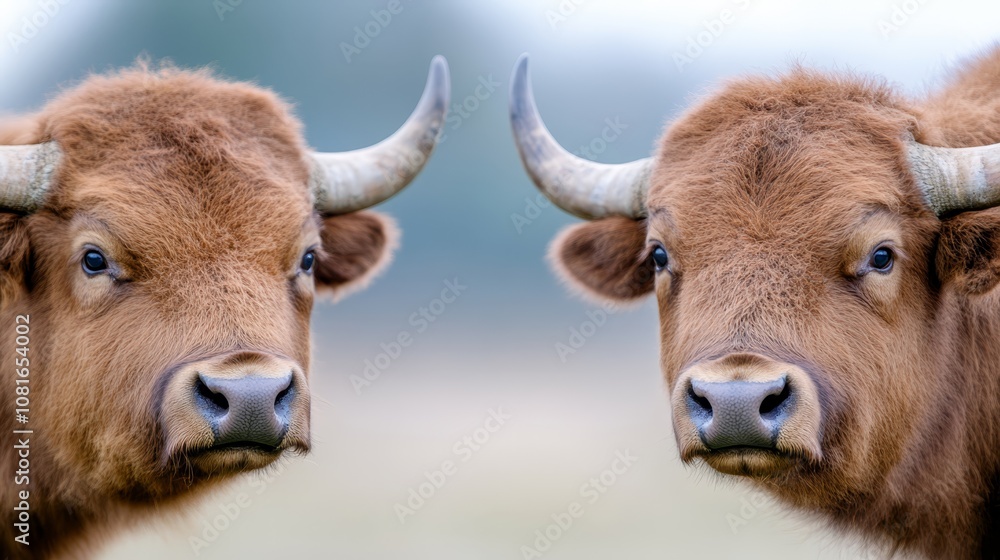 A close up of two brown cows with long horns A close up of two brown cows with long horns