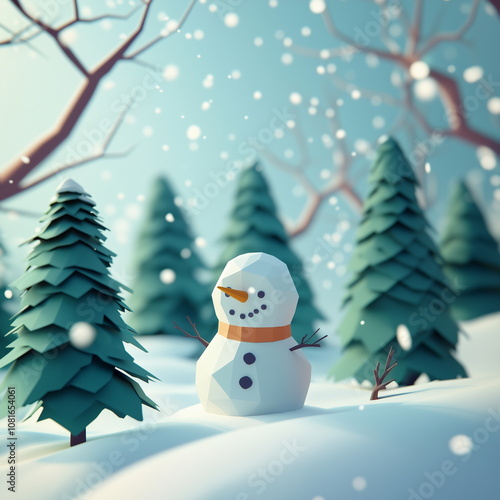 A one snowman standing on a snowy winter forest with snow falling. Low poly style winter landscape. Geometric, simple polygonal shape icons, graphic design, illustration, miniature, 3D icons.