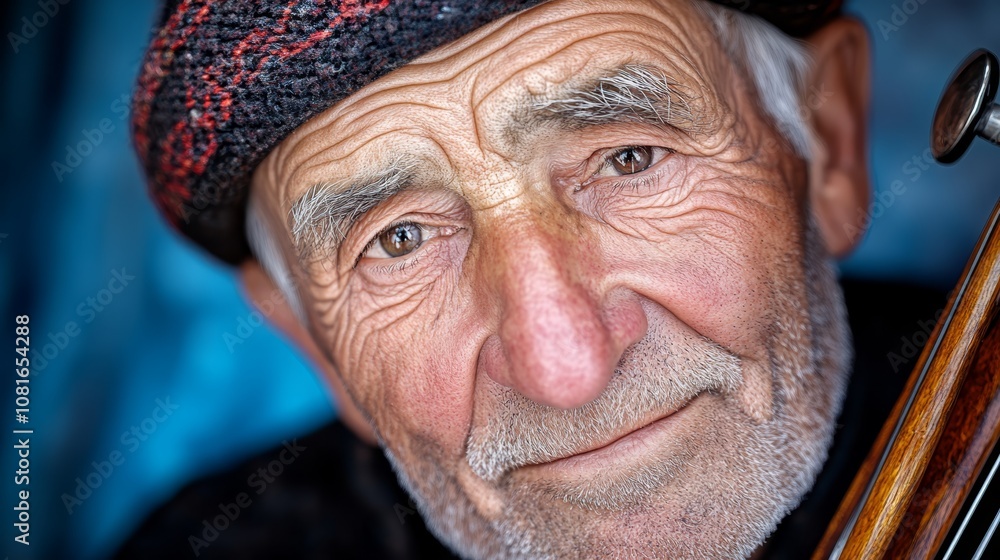 A close up of an old man with a hat and a cello A close up of an old man with a hat and a cello