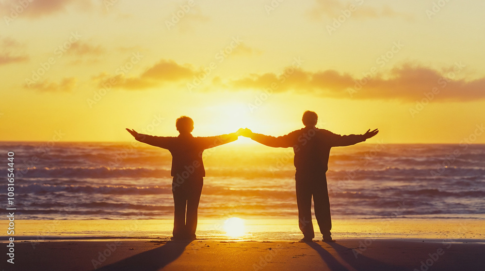 Fototapeta premium Senior couple enjoying a tranquil beach sunset, symbolizing peace and companionship