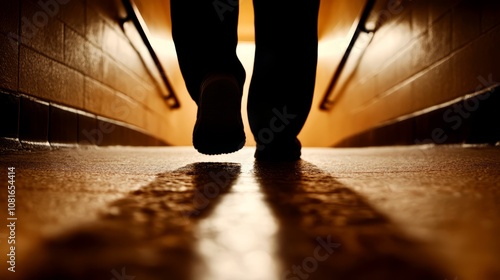 A person walking down a hallway with their feet in the air