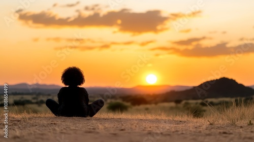 A person sitting in the middle of a field watching the sun set