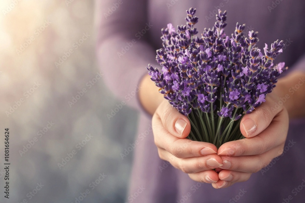 Hand holding lavender bouquet indoor setting floral arrangement soft lighting close-up view serenity Hand holding lavender bouquet indoor setting floral arrangement soft lighting close-up view serenity