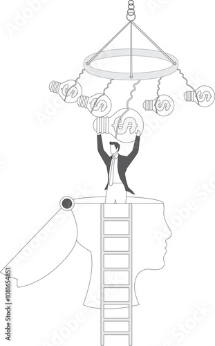 Finance Ideas Concept, bizarre businessman with open head catching the idea light bulb with dollar sign
