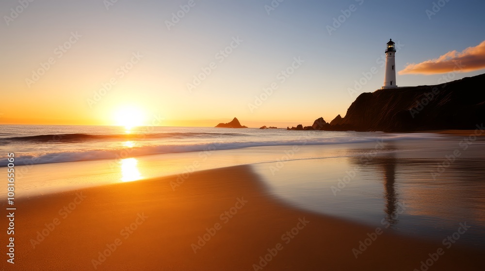 Fototapeta premium A lighthouse on a beach at sunset with the sun setting behind it