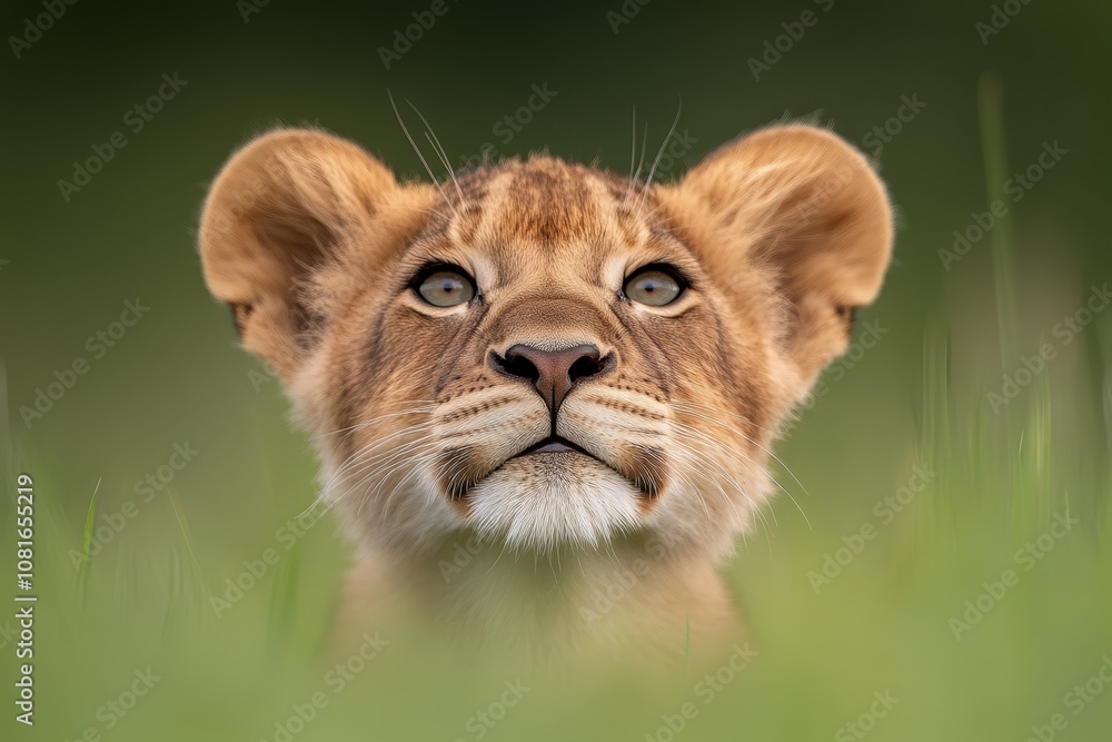 Fototapeta premium A close up of a lion cub in the grass