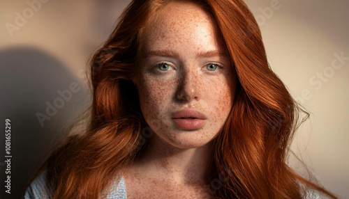 Close-up portrait of a woman with red hair and freckles.