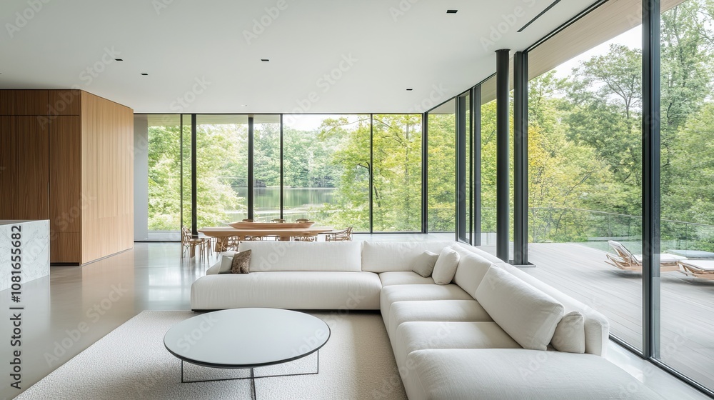 Bright minimalist family room with a white couch, round coffee table, floor-to-ceiling windows, airy and fresh Bright minimalist family room with a white couch, round coffee table, floor-to-ceiling windows, airy and fresh
