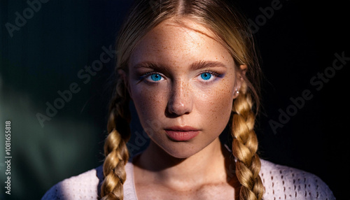 Close-up portrait of a woman with red hair and freckles.