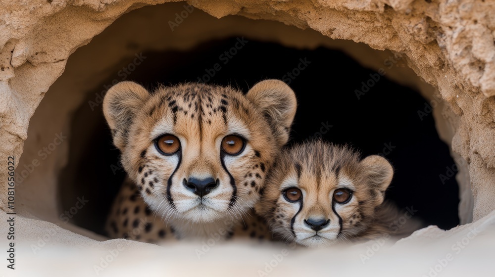 Obraz premium Two cheetah cubs peeking out of a hole in the sand