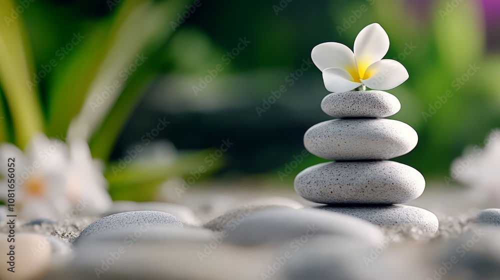 Fototapeta premium A white flower sitting on top of a pile of pebbles