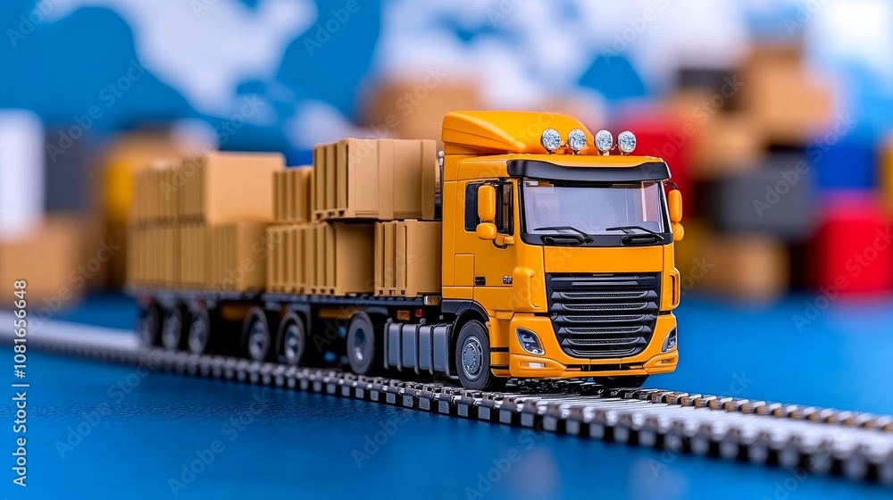 Yellow Semi Truck Model with Cargo Boxes on a Blue Background Yellow Semi Truck Model with Cargo Boxes on a Blue Background