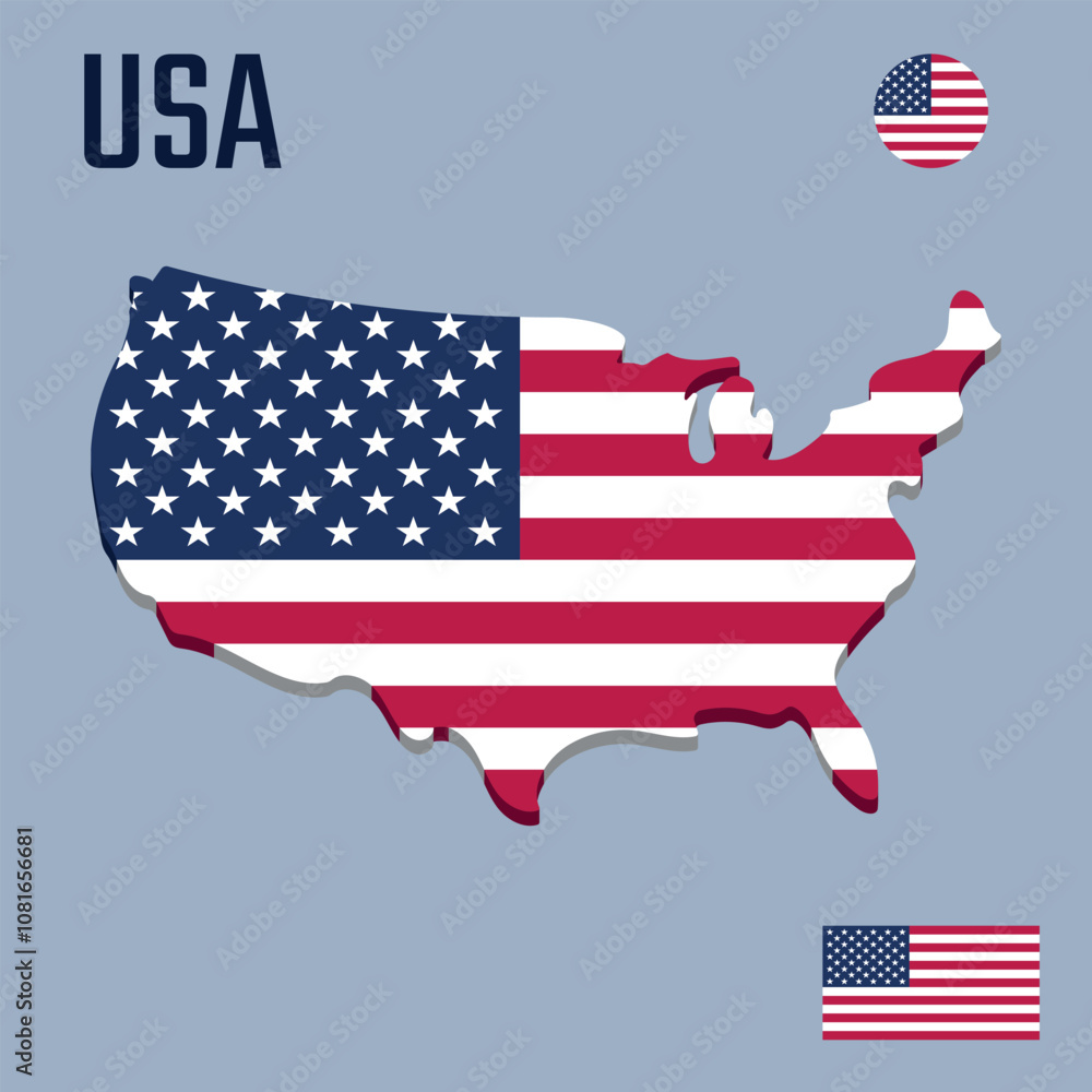 3D USA map with flag, Three dimensional map of United States with shadow 3D USA map with flag, Three dimensional map of United States with shadow