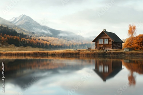 Serene cabin retreat mountain lake landscape photography autumn colors tranquil view nature escape