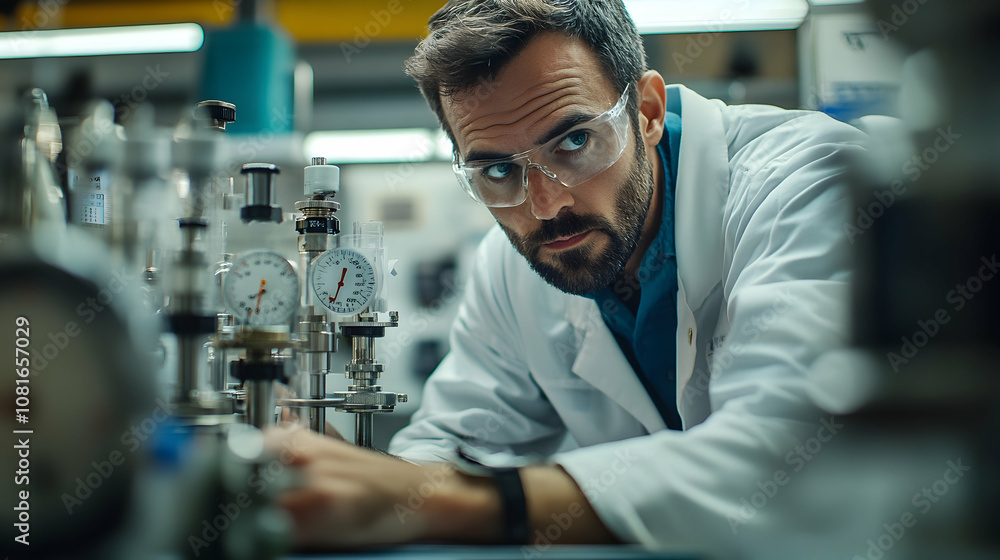 Lab Technician Adjusting Gauge in a Laboratory Lab Technician Adjusting Gauge in a Laboratory